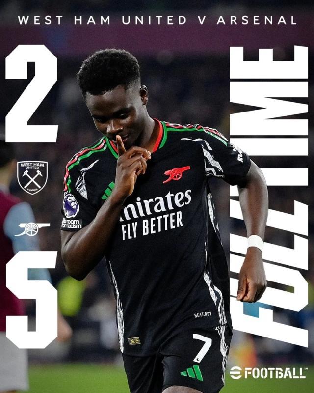 【英超】半场进球大战7人破门!阿森纳5比2西汉姆联